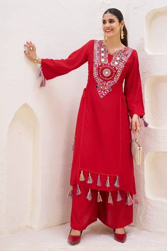 Mirror Work New Designer Suit Set With Dupatta Party Wear heavy Red Suit Set 
