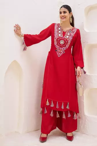 Mirror Work New Designer Suit Set With Dupatta Party Wear heavy Red Suit Set 