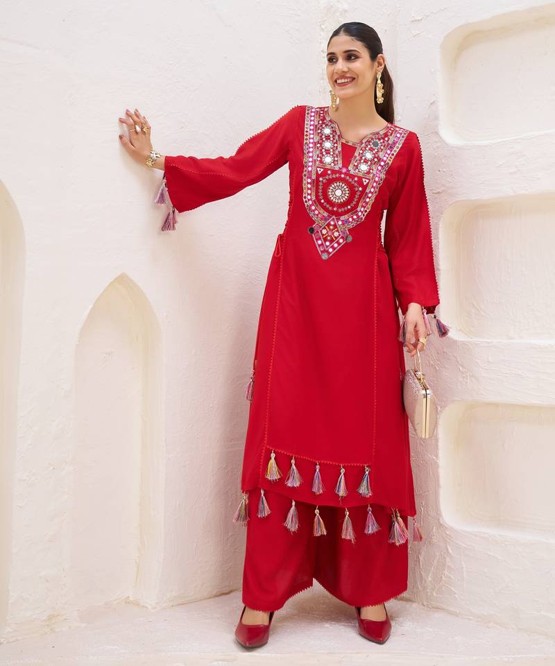 Mirror Work New Designer Suit Set With Dupatta Party Wear heavy Red Suit Set 