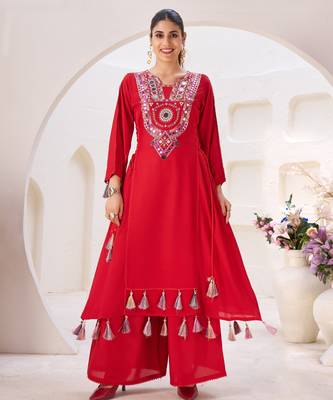 Mirror Work Suit Set With Dupatta Party Wear heavy Red Suit Set  2