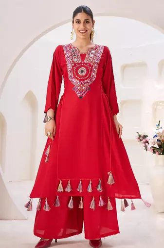 Mirror Work Suit Set With Dupatta Party Wear heavy Red Suit Set 