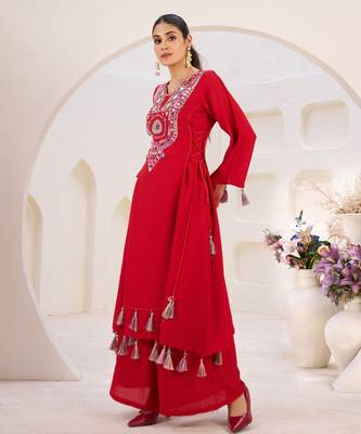 Mirror Work Suit Set With Dupatta Party Wear heavy Red Suit Set  3