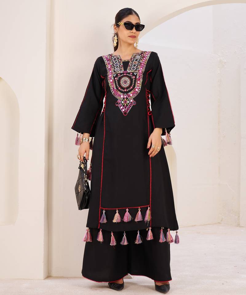 Black Color Heavy Mirror Work Kurta With Palazzo Party Wear palazzo Set Festival Wear