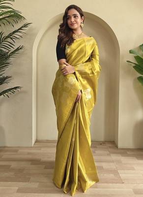 Mustered Yellow Shining Tissue silk blend Saree 1