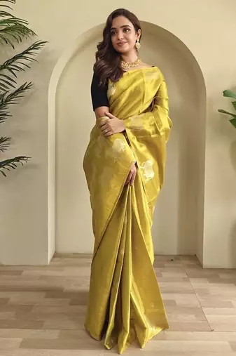 Mustered Yellow Shining Tissue silk blend Saree