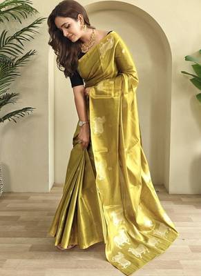 Mustered Yellow Shining Tissue silk blend Saree 2