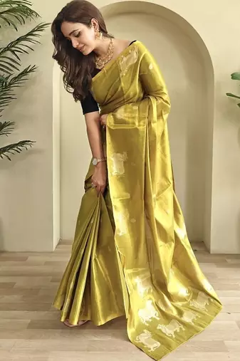 Mustered Yellow Shining Tissue silk blend Saree