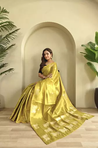 Mustered Yellow Shining Tissue silk blend Saree