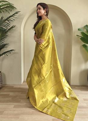 Mustered Yellow Shining Tissue silk blend Saree 4