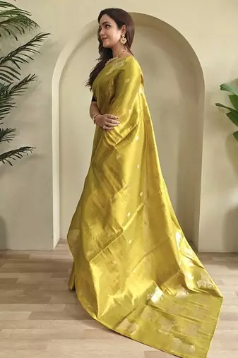 Mustered Yellow Shining Tissue silk blend Saree