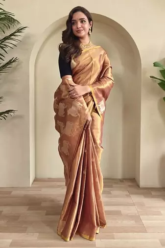 Pinkish Brown Shining Tissue silk blend Saree