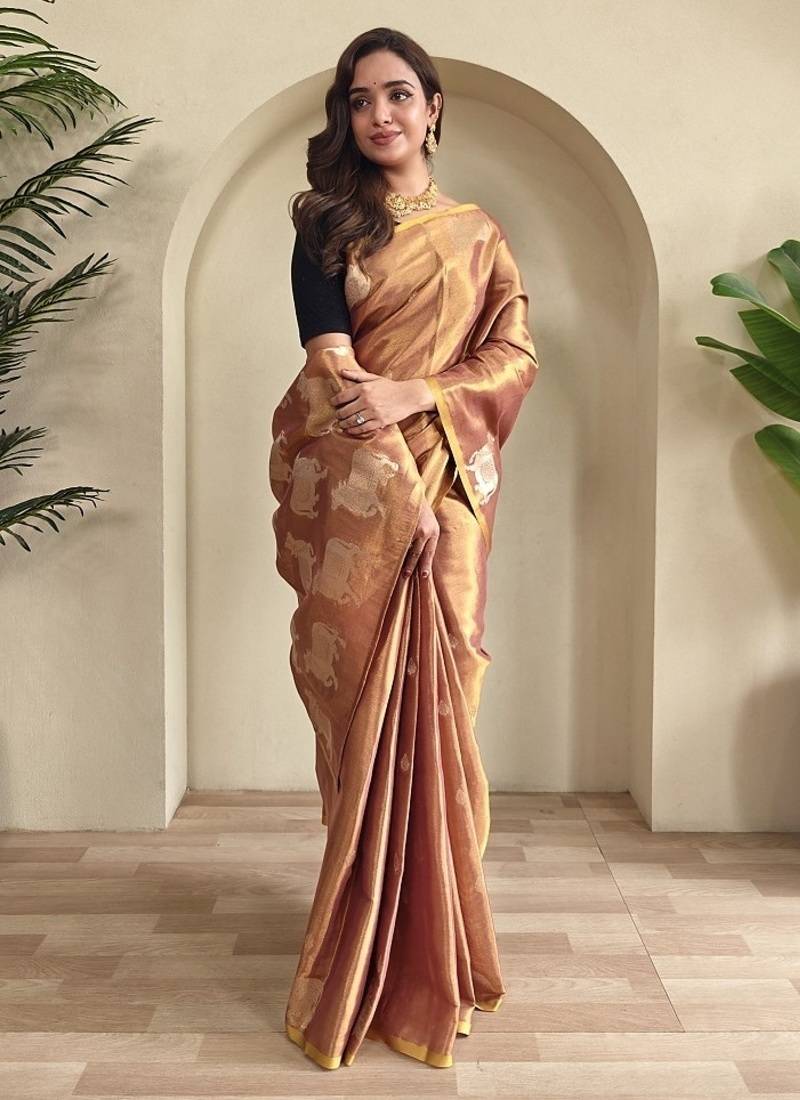 Pinkish Brown Shining Tissue silk blend Saree