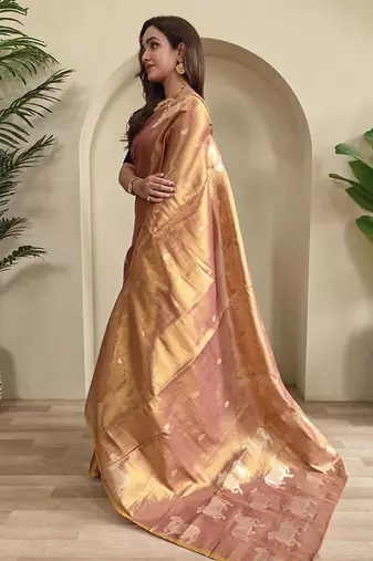 Pinkish Brown Shining Tissue silk blend Saree