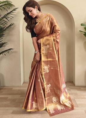 Pinkish Brown Shining Tissue silk blend Saree 4