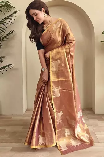Pinkish Brown Shining Tissue silk blend Saree