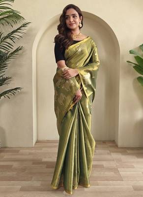 Olive Green Shining Tissue silk blend Saree 1