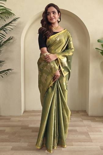 Olive Green Shining Tissue silk blend Saree