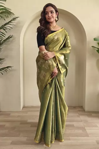 Olive Green Shining Tissue silk blend Saree
