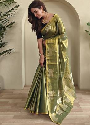 Olive Green Shining Tissue silk blend Saree 2