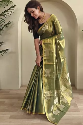 Olive Green Shining Tissue silk blend Saree