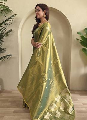 Olive Green Shining Tissue silk blend Saree 3