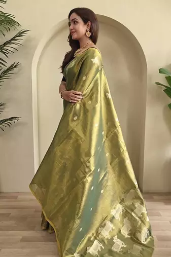 Olive Green Shining Tissue silk blend Saree