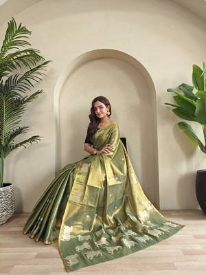 Olive Green Shining Tissue silk blend Saree 4