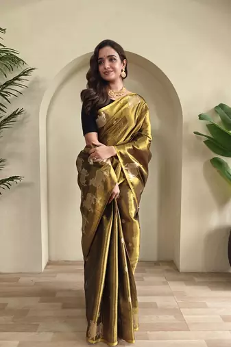 Copper Green Shining Tissue silk blend Saree