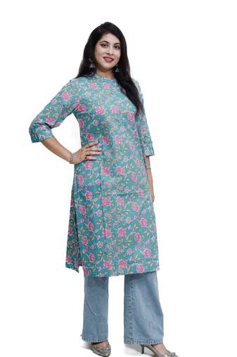 Women's pure cotton straight turq/pink with multi color embellished kurta