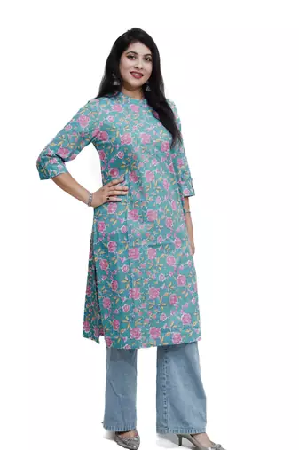 Women's pure cotton straight turq/pink with multi color embellished kurta