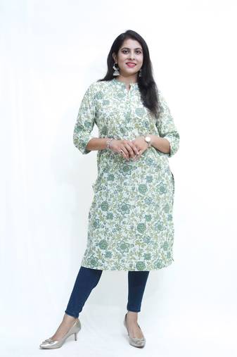 Women's pure cotton straight olive green embellished kurta