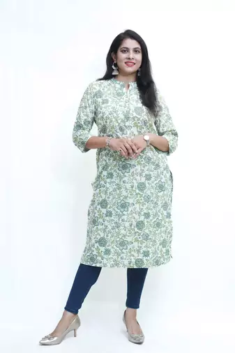Women's pure cotton straight olive green embellished kurta