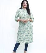 Women's pure cotton straight olive green embellished kurta