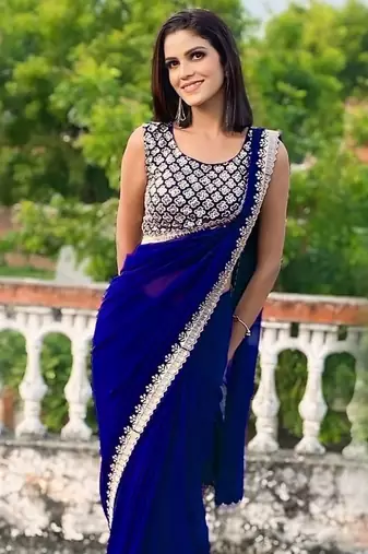 blue georgette sequin saree with blouse