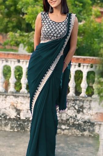 green georgette sequin saree with blouse