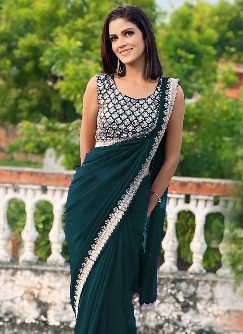 green georgette sequin saree with blouse