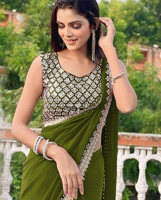 green georgette sequin saree with blouse 2