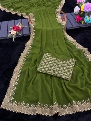 green georgette sequin saree with blouse 3