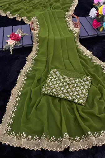 green georgette sequin saree with blouse