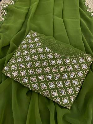 green georgette sequin saree with blouse 4