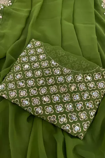 green georgette sequin saree with blouse
