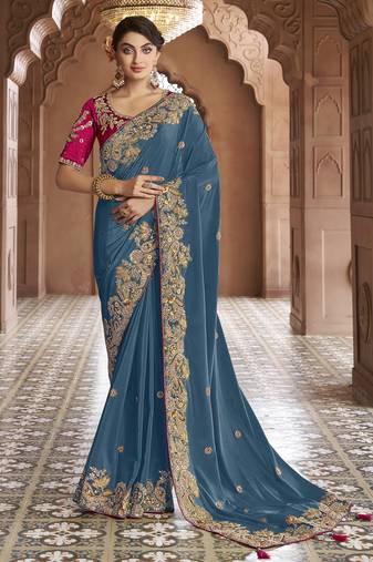 dark greyish blue embroidered georgette saree with blouse