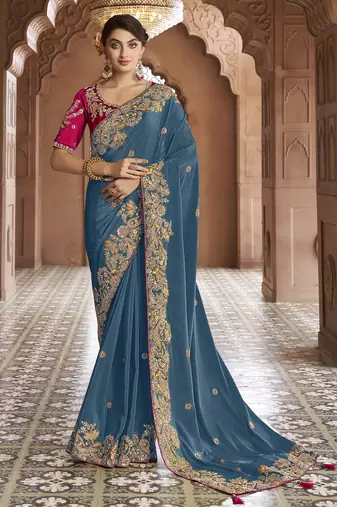 dark greyish blue embroidered georgette saree with blouse