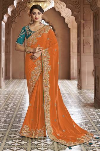 orange embroidered georgette saree with blouse