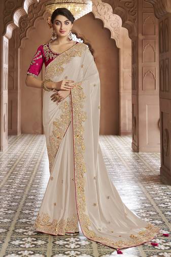 off-white embroidered georgette saree with blouse