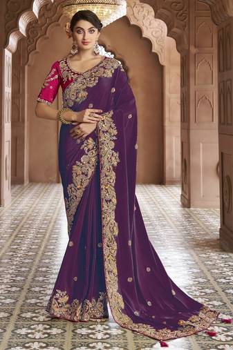 purple embroidered georgette saree with blouse