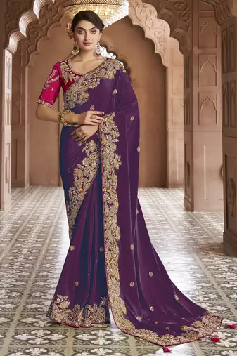 purple embroidered georgette saree with blouse