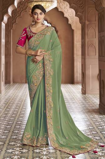 green embroidered georgette saree with blouse