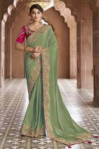 green embroidered georgette saree with blouse