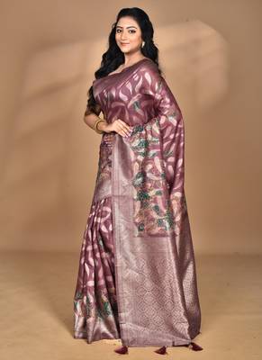 wine linen silk saree with blouse piece 4